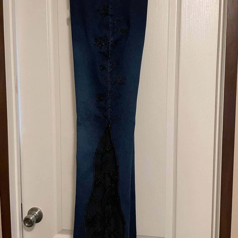 Gorgeous and sexy Women’s vintage Basix ll denim & black lace jeans.